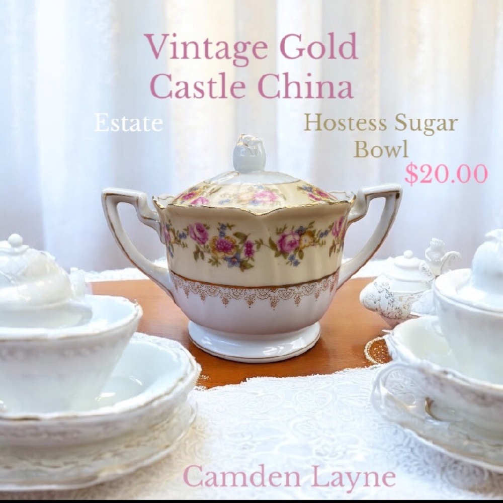 Vintage Gold Castle Floral Sugar Bowl with Handles